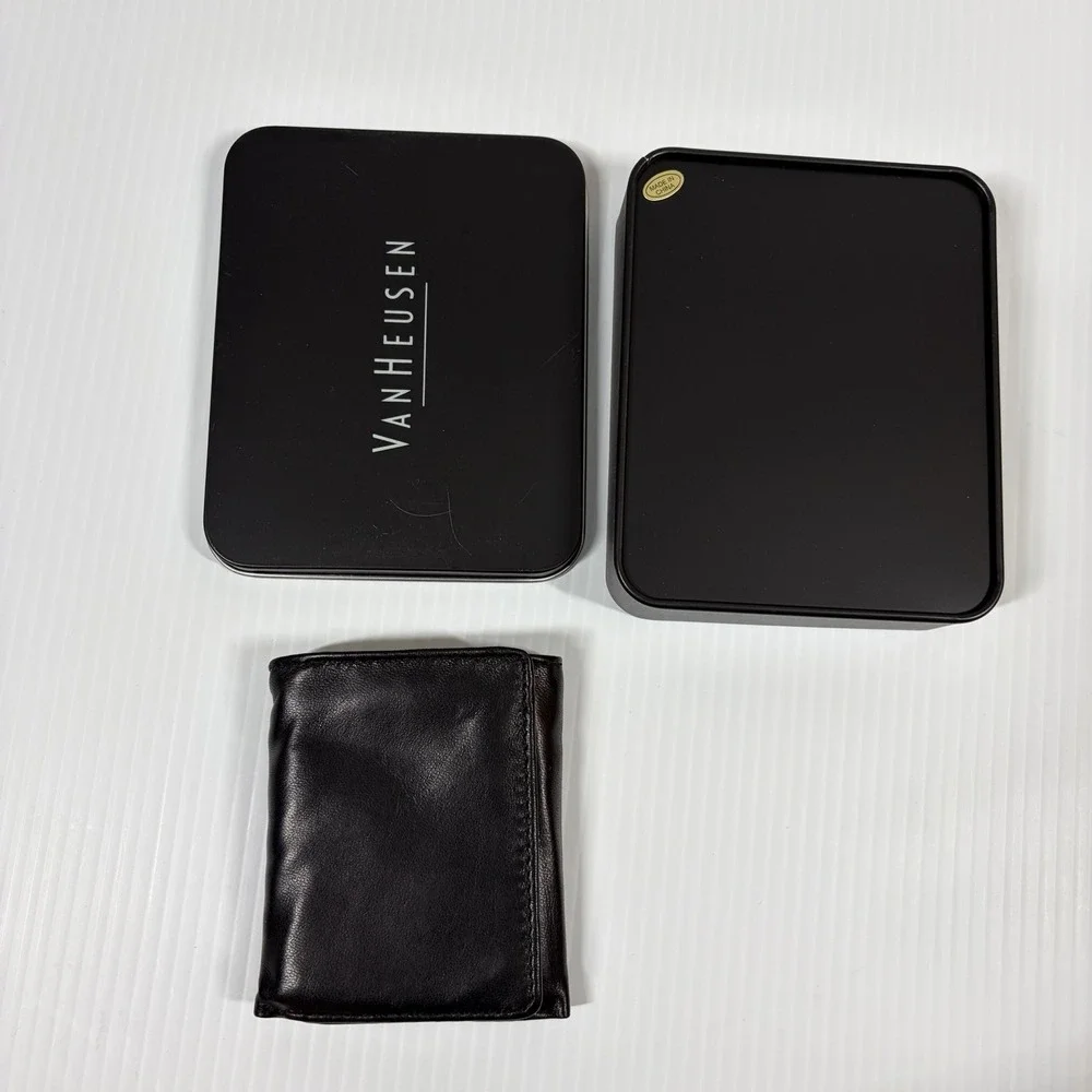 Van Heusen Tri Fold Genuine Leather Wallet Black Mens NEW